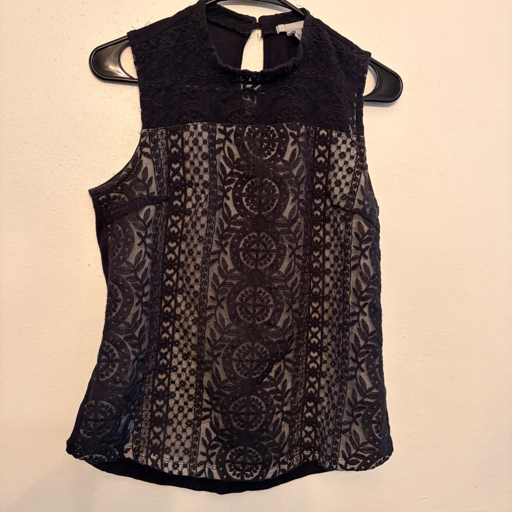 H&M Blouse Womens Small Black Lace Overlay Mock Neck Sleeveless Top Embroidery